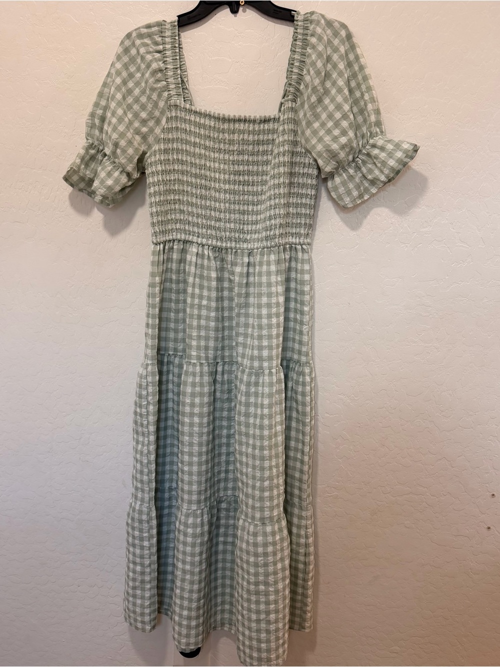 Smocked Square-Neck Gingham Midi Dress Sage Green medium cottage boho prairie